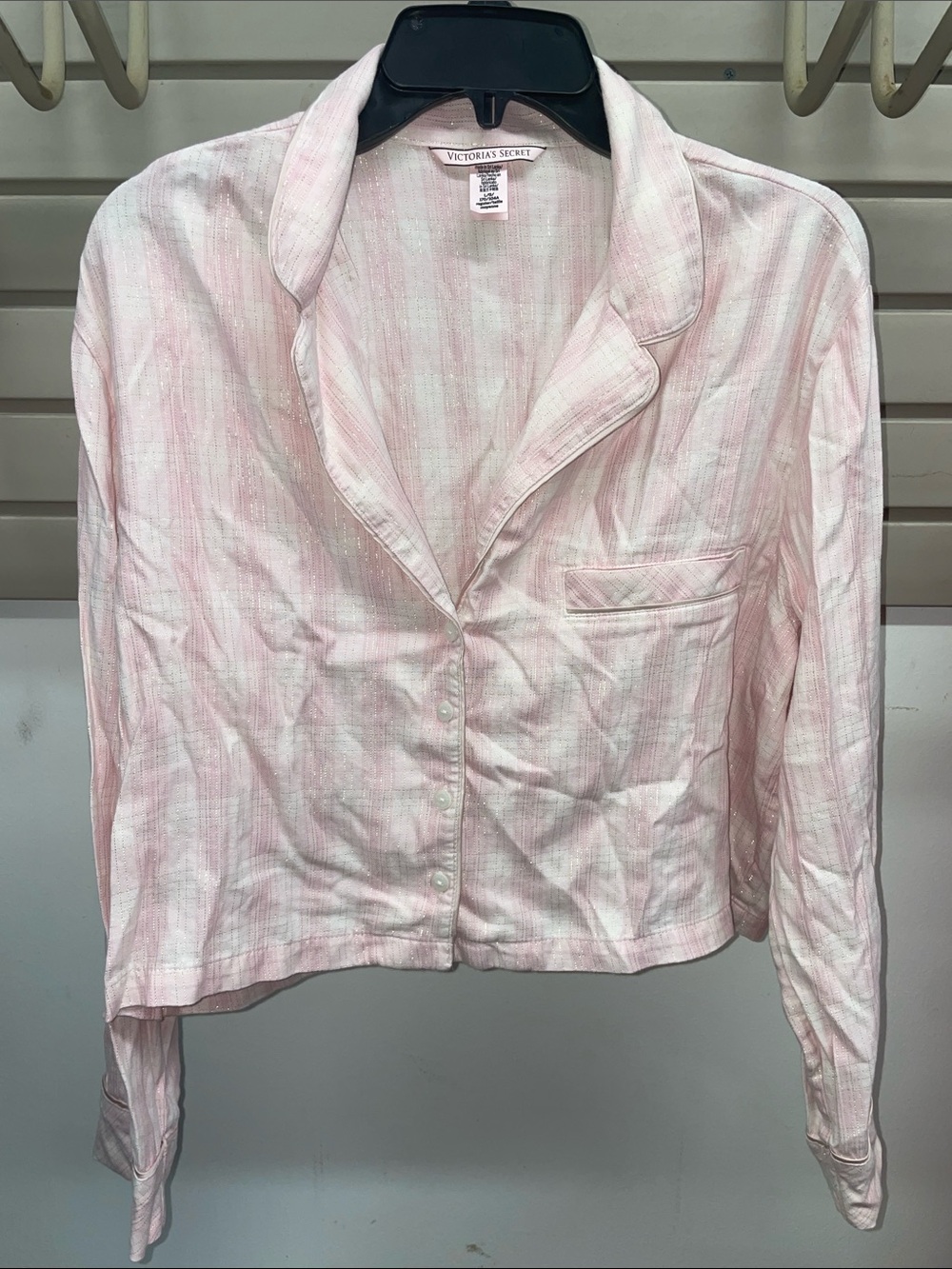 Victoria's Secret Light Pink Striped Cropped Button-Down Pajama Shirt